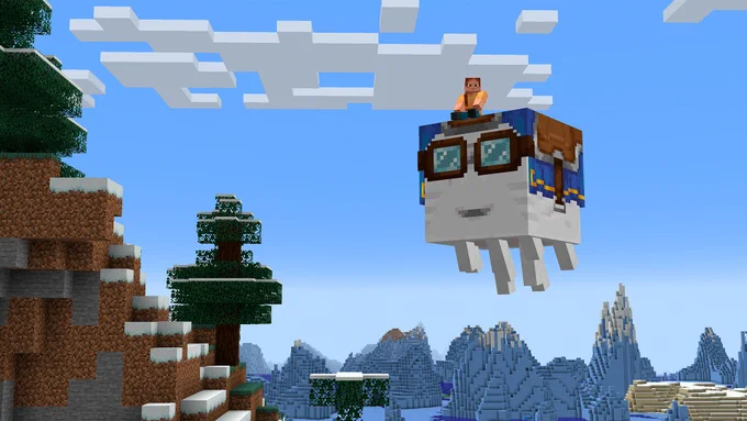 Happy ghast being ridden by a player
