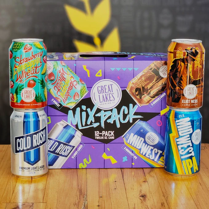 Great Lakes Brewing Co. Mix Pack Variety Pack including Strawberry Pineapple Wheat, Cold Rush Premium Light Lager, Eliot Ness Amber Lager, Midwest IPA.