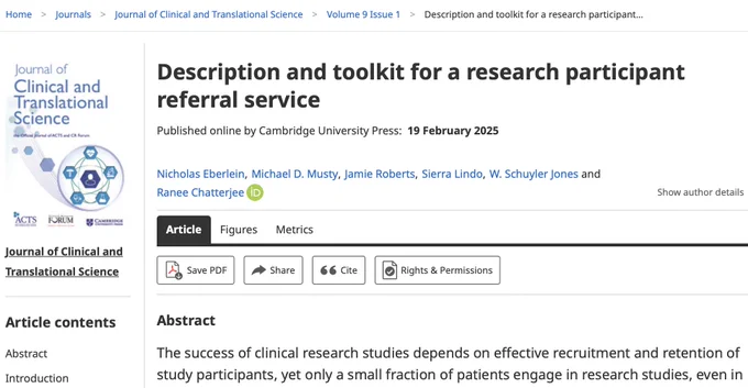 Screen grab of the article headlined "Description and toolkit for a research participant referral service" in the Journal of Clinical and Translational Science.