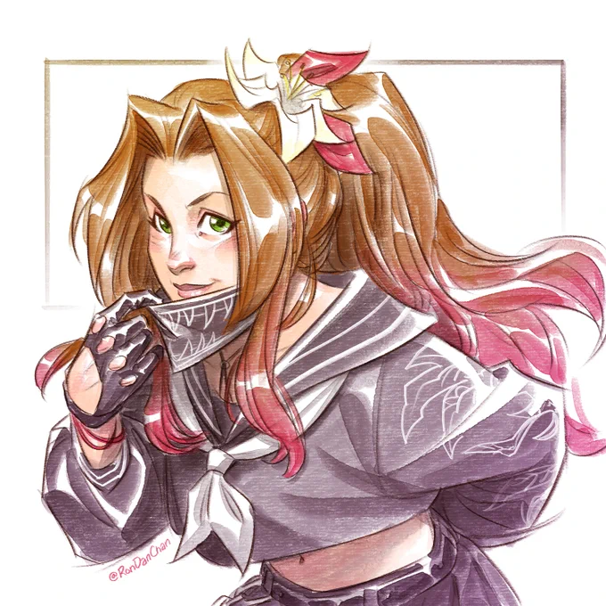 Digital color sketch of Aerith in a black school uniform, styled like a Japanese high school delinquent girl, with leather gloves and crop top. She's pulls down a cloth mask with teeth designs on it to show her smile.