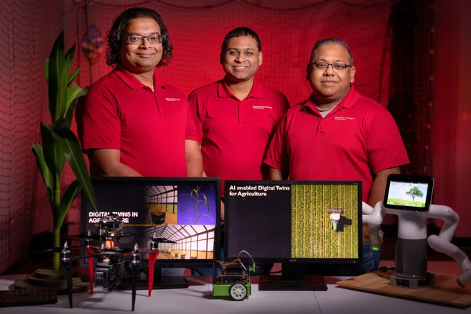 Iowa State engineers and leaders of the university's Translational AI Center, left to right, Baskar Ganapathysubramanian, Adarsh Krishnamurthy and Soumik Sarkar are developing "digital twins" as powerful research tools. Photo by Christopher Gannon. 