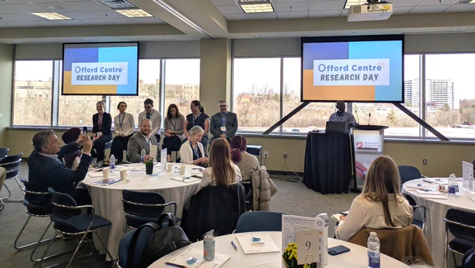 At Offord Centre Research Day, a panel discussion with six Offord members is taking place. The six panelists are sitting in a row of chairs at the side of the conference room, with attendees sitting at round tables listening and participating in the discussion. The panelists include MacART members Dr. Mackenzie Salt and Dr. Elyse Rosa.