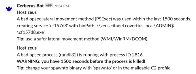 Cerberus bot calling out bad OPSEC due to using PSExec and having default spawnto in malleable C2.