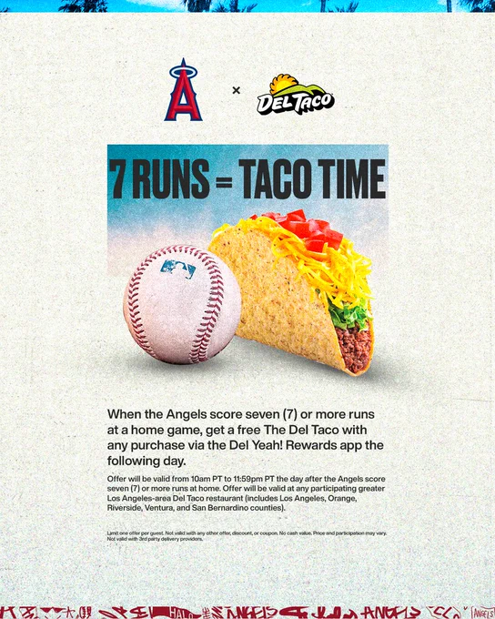 7 runs = Taco Time. When the Angels score seven (7) or more runs at a home game, get a free The Del Taco with any purchase via the Del Yeah! Rewards app the following day. Offer will be valid from 10am PT to 11:59pm PT the day after the Angels score seven (7) or more runs at home. Offer will be valid at any participating greater Los Angeles-area Del Taco restaurant (includes Los Angeles, Orange, Riverside, Ventura, and San Bernardino counties). Limit one offer per guest. Not valid with any other offer, discount, or coupon. No cash value. Price and participation may vary. Not valid with 3rd party delivery providers.