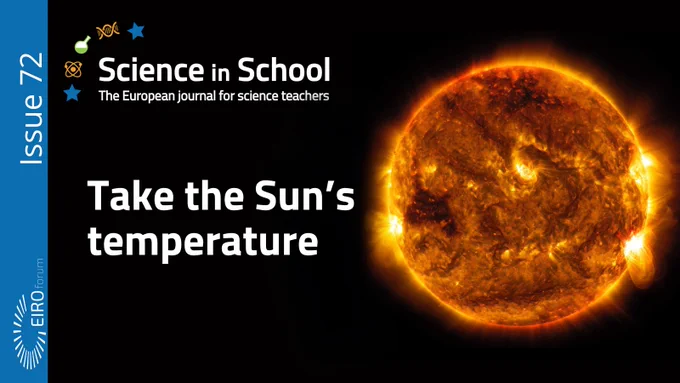 Extreme high-resolution image of the Sun, displaying details of its turbulent surface. The text says "take the Sun's temperature", Issue 72, EIROforum