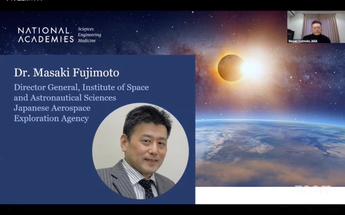 Screenshot from the start of Dr Fujimoto's talk, showing the National Academies Logo and Dr Fujimoto's photograph. 