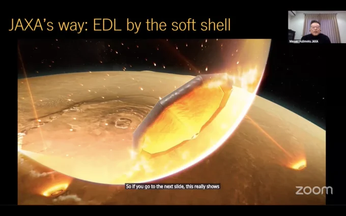 Screenshot from the talk showing a slide with an artist impression of a new design for Entry, Descent, and Landing on Mars. The image shows the RATS inflatable membrane that is deployed at high altitude to land gently on the Martian surface. 