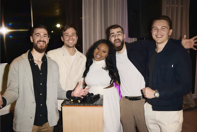 Stardust wins Lovable Build Competition and secures first place and $10,000 in cash. Anton Osika, Talisha White together with the Stardust team Marcus Pousette, Matt Bergström and Rasmus Sanne.