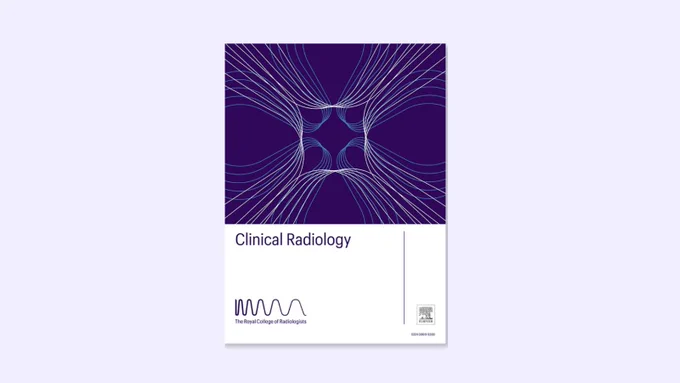 Cover of 'Clinical Radiology' journal featuring an abstract design of intersecting white lines on a purple background, published by The Royal College of Radiologists.
