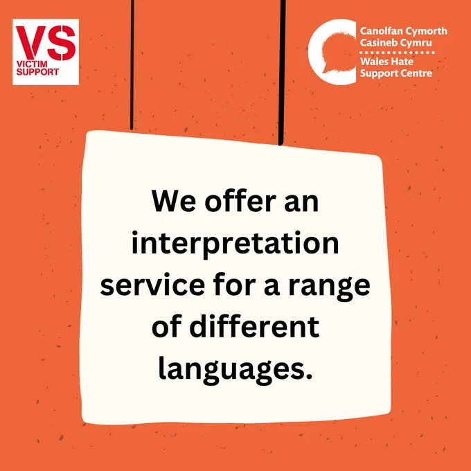 Illustration of white hanging sign on orange background. Black text on the sign reads “We offer an interpretation service for a range of different languages.”