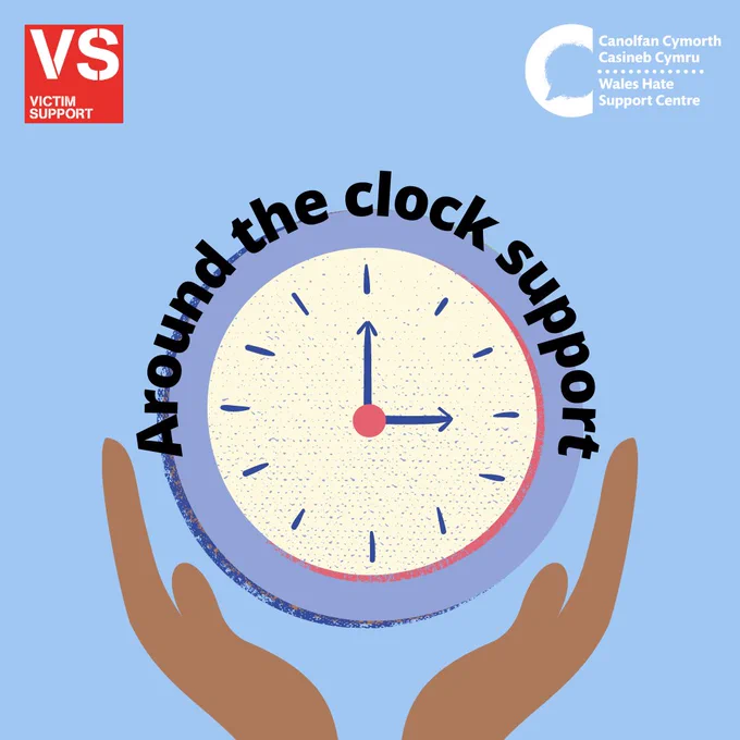 Light blue background with illustration of brown hands cupping a blue clock with cream clockface. Clock reads 3 o’clock. Black text curved around the top of the clock reads “Around the clock support”.