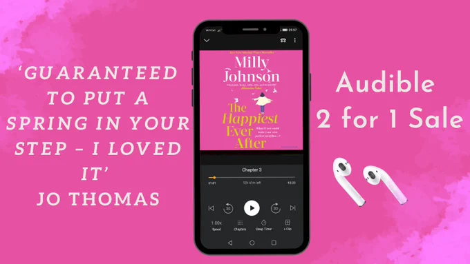 Audio cover of The Happiest Ever After by Milly Johnson. Audible 2 for 1 Sale. ‘Guaranteed to put a spring in your step – I loved it’ Jo Thomas
