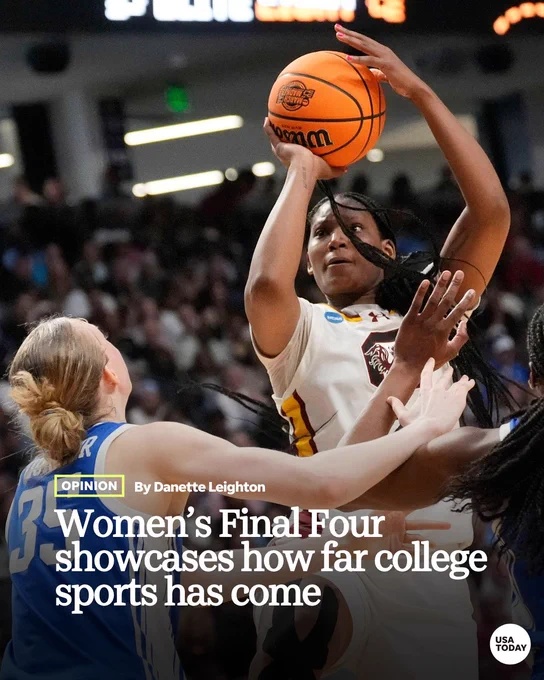 A photo showing University of South Carolina women's basketball team playing against Duke University. Text added to the image reads: "Opinion by Danette Leighton: Women's Final Four showcases how far college sports has come"