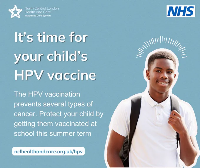 Boy smiling wearing white school shirt and backpack on light blue background.   It’s time for your child’s HPV vaccine. The HPV vaccination prevents several types of cancer. Protect your child by getting them vaccinated at school this summer term. nclhealthandcare.org.uk/hpv NHS logo