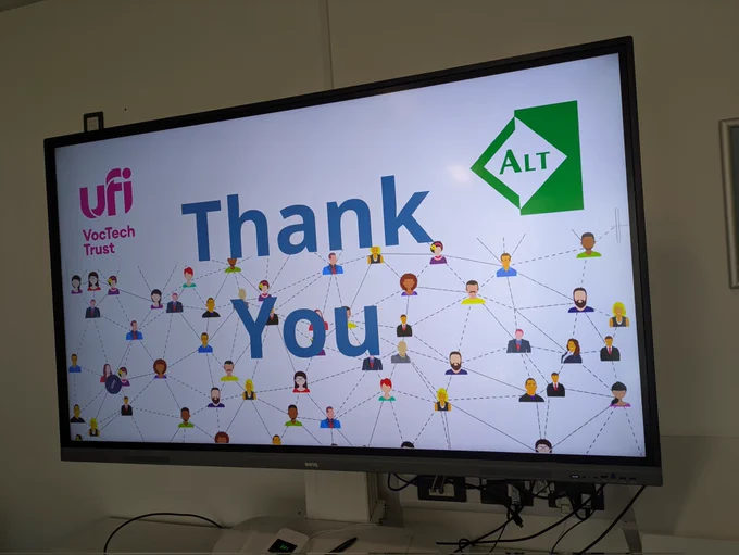 A screen displaying the words 'Thank you' in large blue letters with the Ufi and ALT logos at the top right and left