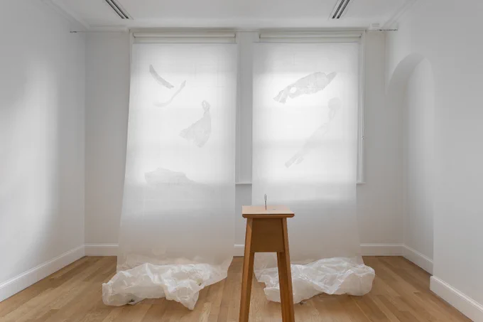 Installation view of Sarah Casey: Negative Mass Balance at Henry Moore Institute showing Emergency! What Was Is 2025 and Ice Watch (Bietschhorn) 2023. Courtesy the artist. Photo: Rob Harris