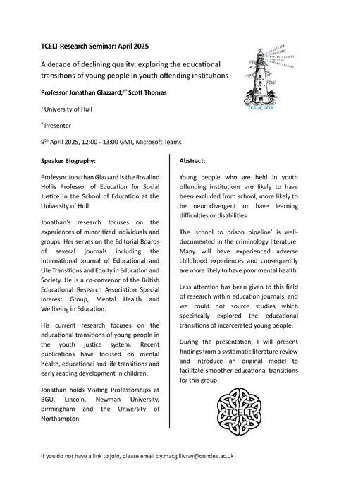 Professor Jonathan Glazzard will be giving the talk, 'a decade of declining quality: exploring the educational transitions of young people in youth offending institutions.'