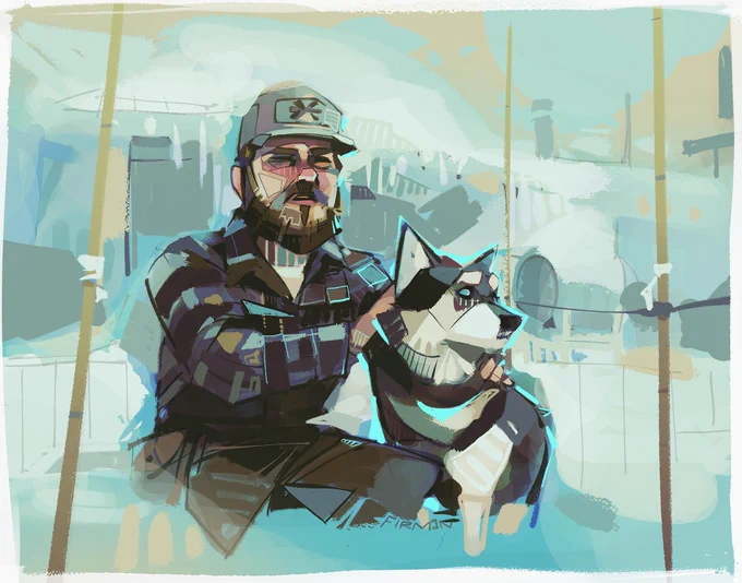 A painted study of a moment from John Carpenter’s 1982 film The Thing.  Clark, a brown bearded dog handler for an Antarctic research station, is crouching by a husky and petting it with both hands while squinting into the distance.  He wears a baseball cap and plaid shirt.