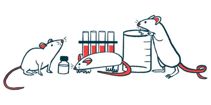 Mice sniffing and otherwise examining a beaker, test tubes, and a bottle on a laboratory table.