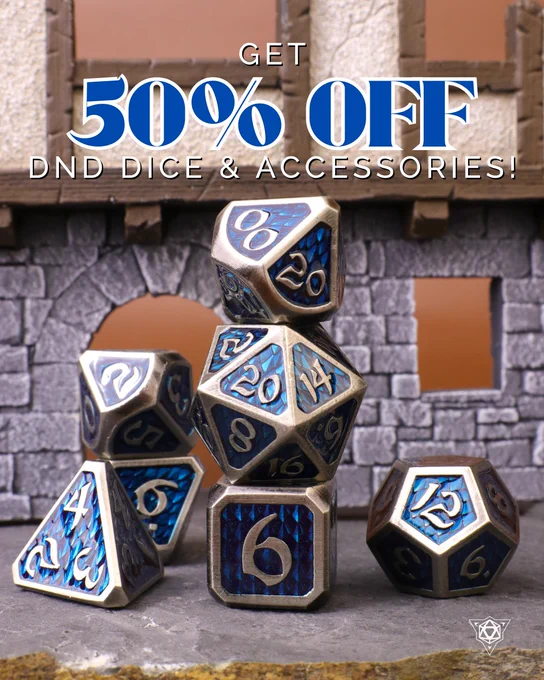 50% off sale post featuring blue metal dice with dragon scale details made by die hard dice!