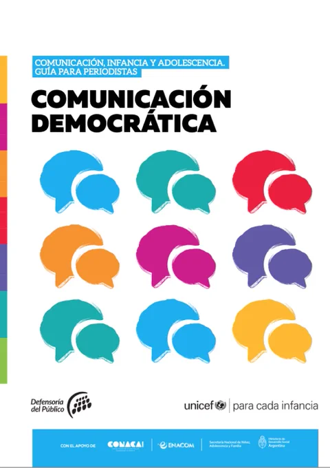 imagen de la tapa de la Guía Comunicación, infancia y adolescencia: Comunicación democrática donde se ven los logos de la Defensoría del Público y de UNICEF Argentina