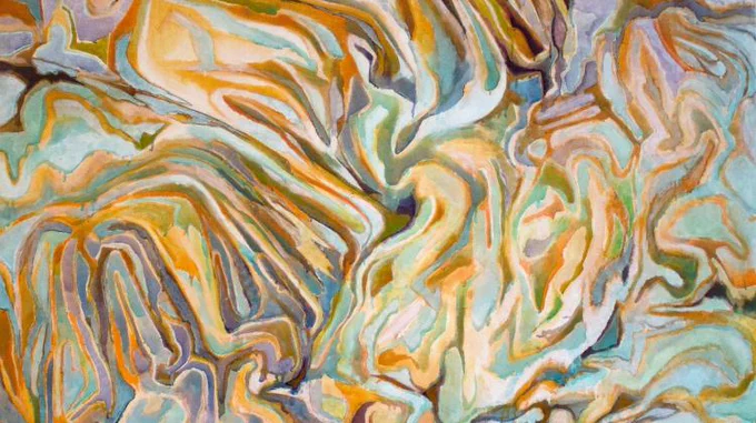 An abstract painting with golds, purples, and teals mixing across the field