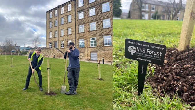 An image of two gardeners planting trees in Acre Mills grounds