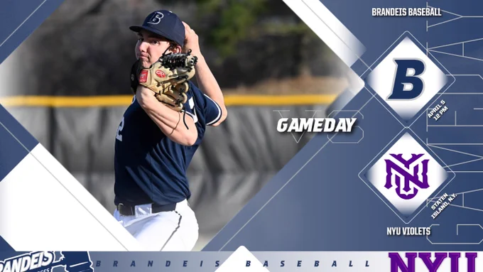 TEXT: GAMEDAY! Brandeis Baseball at NYU Violets, April 6, 12 PM (DH), Staten Island, N.Y.
IMAGE: Jack Sweeney delivers a pitch during a baseball game