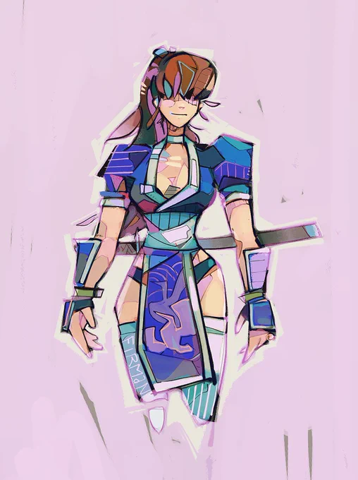 Illustration from the knees up of Kasumi from the Dead or Alive franchise by Team Ninja, Koei Tecmo.  She has red-brown long hair in a ponytail, and the bangs in this art cover her eyes.  She wears a blue sort of cheongsam dress with white trim. It has puffed shoulders and folds across the upper body like a kimono, tucking into a white waistband that spans the whole abdomen.  Then it falls into two hanging panels, front and back, that are wide enough to partially cover the legs but her hips and thighs are still quite visible as her silhouette.  It’s similar to Chun-Li’s classic look.  She also wears blue fingerless gloves with a yellow wristband and panel that covers the tops of her forearms, as well as white thigh-highs.  On her back is a horizontally sheathed wakizashi sword.