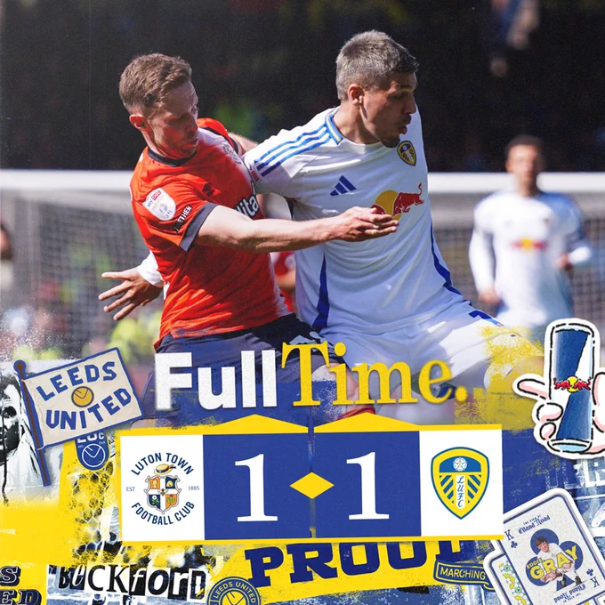 Full-time graphic showing: Luton Town 1-1 Leeds United. 
