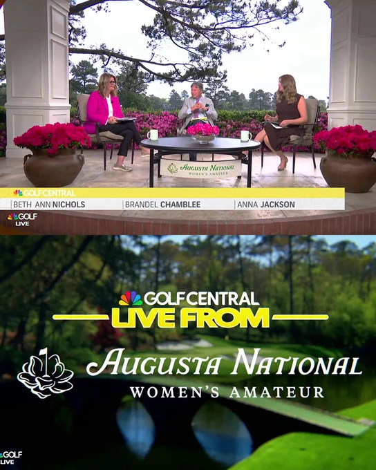 Two stacked images: Beth Ann Nichols, Brandel Chamblee and Anna Jackson sit on the Live From set at Augusta; Golf Central Live From Augusta National Women's Amateur title card