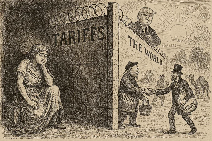 In the style of an old Punch cartoon, the following scene is illustrated:
AMERICA sits in a gloomy space with various recognizable figures such as Donald Trump behind high wall fencing it off from the rest of the world labelled TARIFFS. The rest of the world, including CHINA, EUROPE etc is in the sunshine happily trading togeter.