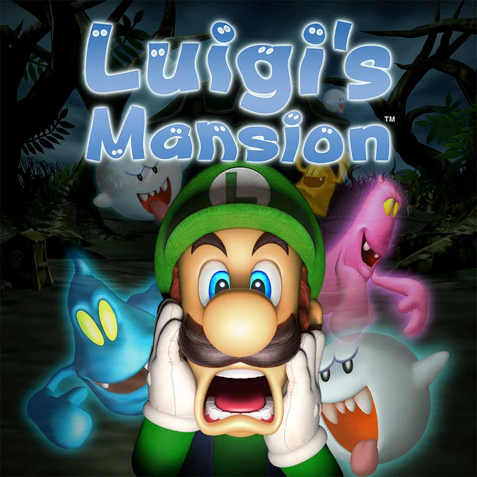 Game cover shows a scared Luigi from Marion Bros being haunted by several ghosts around him. The text reads Luigi's Mansion in a cutesy font made of ghosts. 