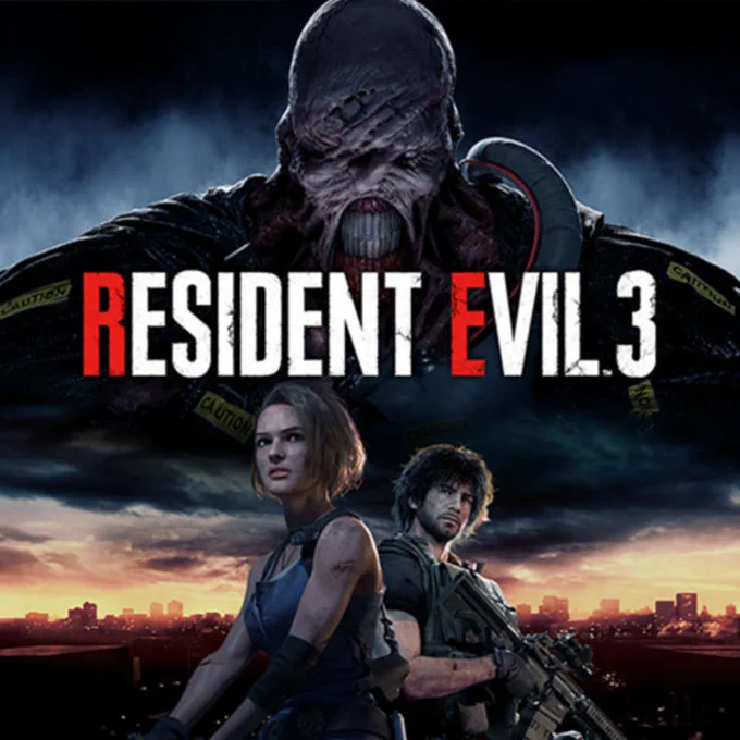 Game poster shows two characters, femme and masc, with weapons posing at the bottom with a strange buff monster on top. The text "Resident Evil 3" is across the middle. 