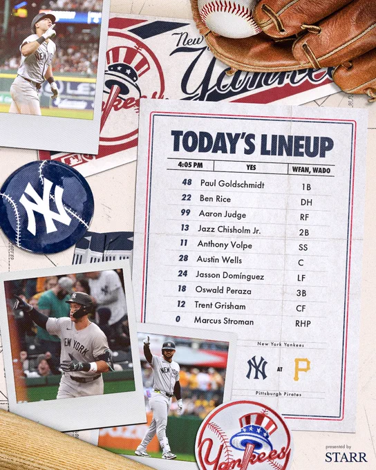 Yankees Lineup at Pittsburgh Pirates:

Paul Goldschmidt | 1B | 48
Ben Rice | DH | 22
Aaron Judge | RF | 99
Jazz Chisholm Jr. | 2B | 13
Anthony Volpe | SS | 11
Austin Wells | C | 28
Jasson Domínguez | LF | 24
Oswald Peraza | 3B | 18
Trent Grisham | CF | 12 
Marcus Stroman | RHP | 0

Photo of Aaron Judge, Jasson Domínguez, Anthony Volpe 

Today: 4:05 PM ET
TV: YES
Radio: WFAN 660/101.9 FM, WADO 1280

Presented by Starr Insurance Companies
