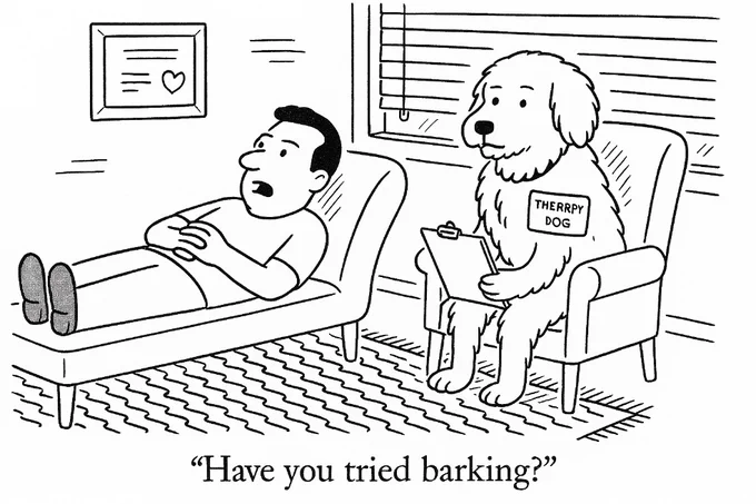 A black-and-white cartoon shows a man lying on a therapist’s couch, speaking with a surprised expression. Sitting opposite him in an armchair is a fluffy therapy dog wearing a tag that says “THERAPY DOG.” The dog holds a clipboard and appears to be listening attentively. The caption underneath reads: “Have you tried barking?”