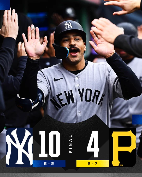 Final Score Graphic: 4/5/25
Yankees 10 (6-2), Pirates 4 (2-7)
Pictured: Trent Grisham gets high-fives from teammates in the Yankees dugout. He wears a road gray Yankees uniform with navy blue lettering.