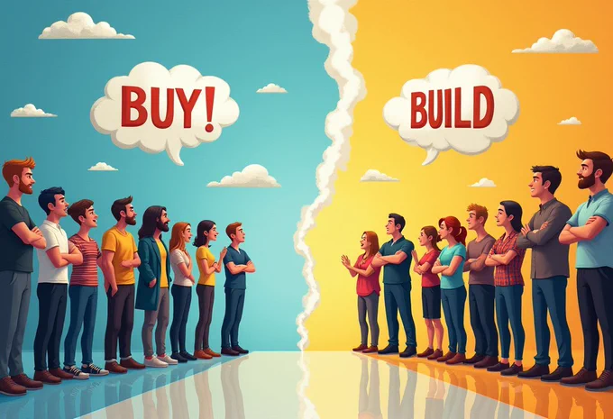 A group of people on either side, facing each other, vouching for "BUY" and "BUILD". Shown against a background of light blue on the left and yellow on the right.