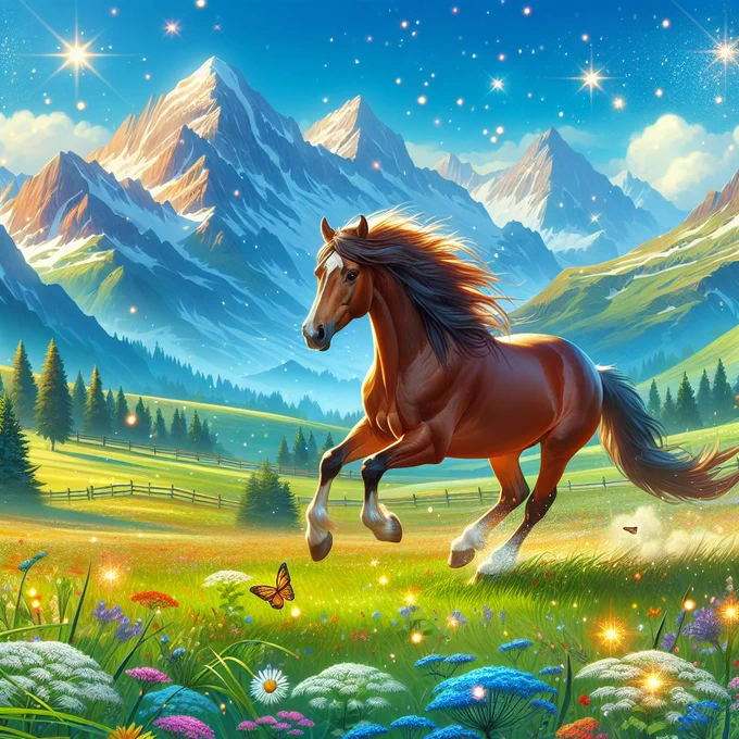 Microsoft Designer generated image of a horse galloping through nature with mountains in the background.