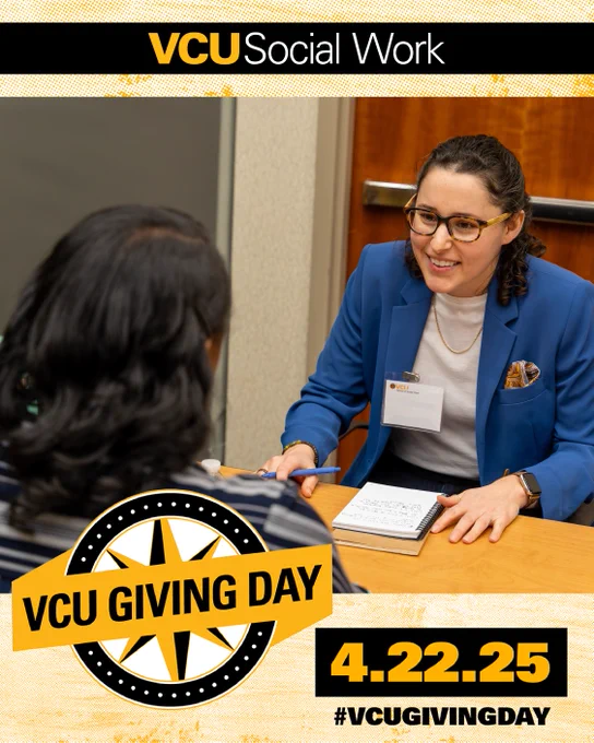 VCU Social Work. VCU Giving Day. 4.22.25. #VCUGIVINGDAY. Two people are seated at a desk talking, and one taking notes with a pen and journal.