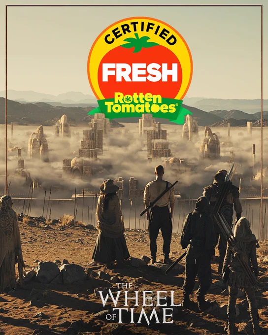 Rand, Moiraine and others look out at Rhuidean from a ridge. Above the clouds is the Rotten Tomatoes Certified Fresh logo.
