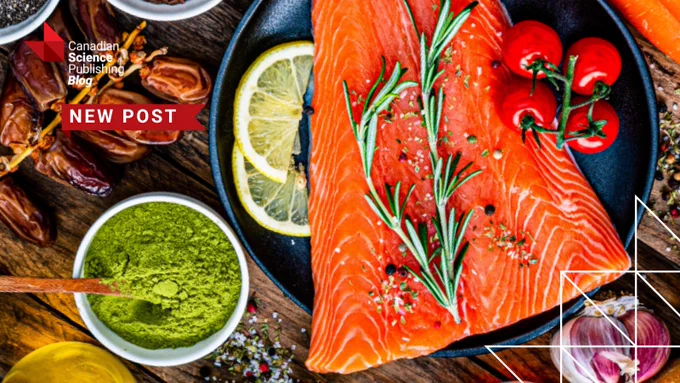 Stock image of health food: raw salmon, tomatoes, matcha power, lemon slices, dates, garlic and more. Canadian Science Publishing Blog logo overlaid on top. Text overlay: NEW POST on a red ribbon.