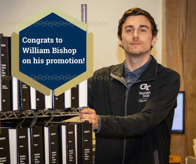 A picture of William Bishop in the braille facility, with the text "Congrats to William Bishop on his promotion!"