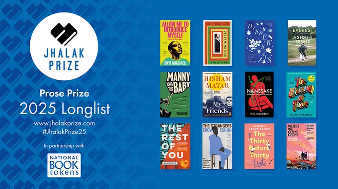 Graphic with blue background and logos and information in white on the left and book jackets of Jhalak Prose Prize 2025 longlist on the right. Link to longlisted books in our bio. 