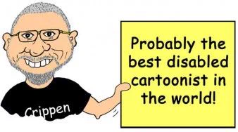 A cartoon of disabled cartoonist Crippen shows him holding up a banner saying" probably the best disabled cartoonist in the world