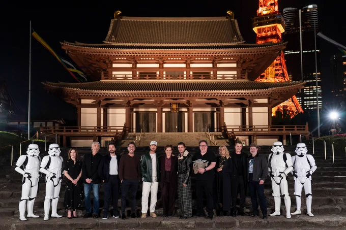 Filmmakers and Star Wars cast stand in front of the Zojoji Template in Tokyo