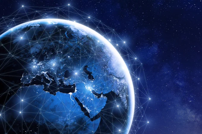 Digital illustration depicting a nighttime view of Earth from space, focusing on Europe and Africa, highlighted by interconnected lines and nodes representing global communication networks.