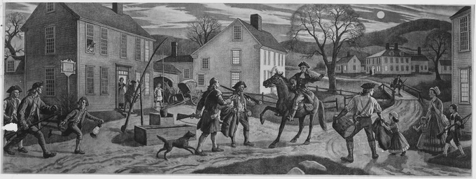 FWA:PBA:Paintings and Sculptures for Public Buildings: painting depicting the midnight ride of Paul Revere:artist A.L. Ripley:Lexington branch post office: Massachusetts. 1937.
NAID: 196560