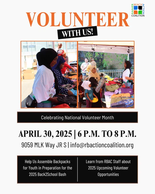 Promotional poster for a volunteer event by Rainer Beach Action Coalition on April 30, 2025.