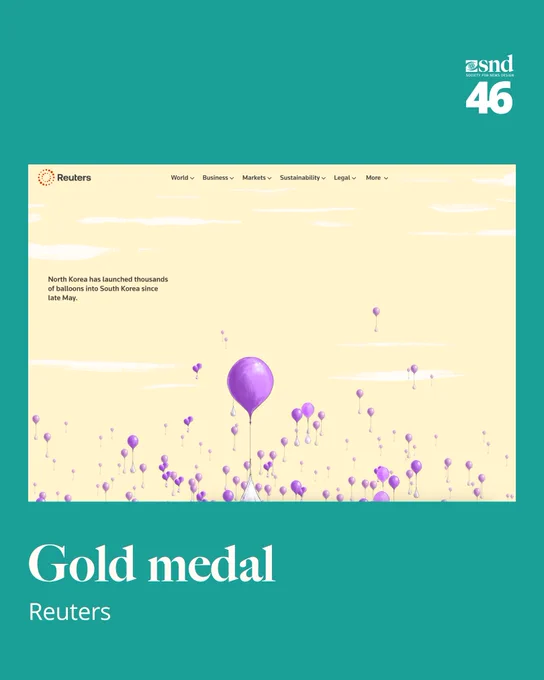 Illustration from Reuters showing numerous purple balloons floating through a pale yellow sky, symbolizing North Korea’s launch of thousands of balloons into South Korea. Text overlay reads: “North Korea has launched thousands of balloons into South Korea since late May.” Gold medal recognition from SND46.